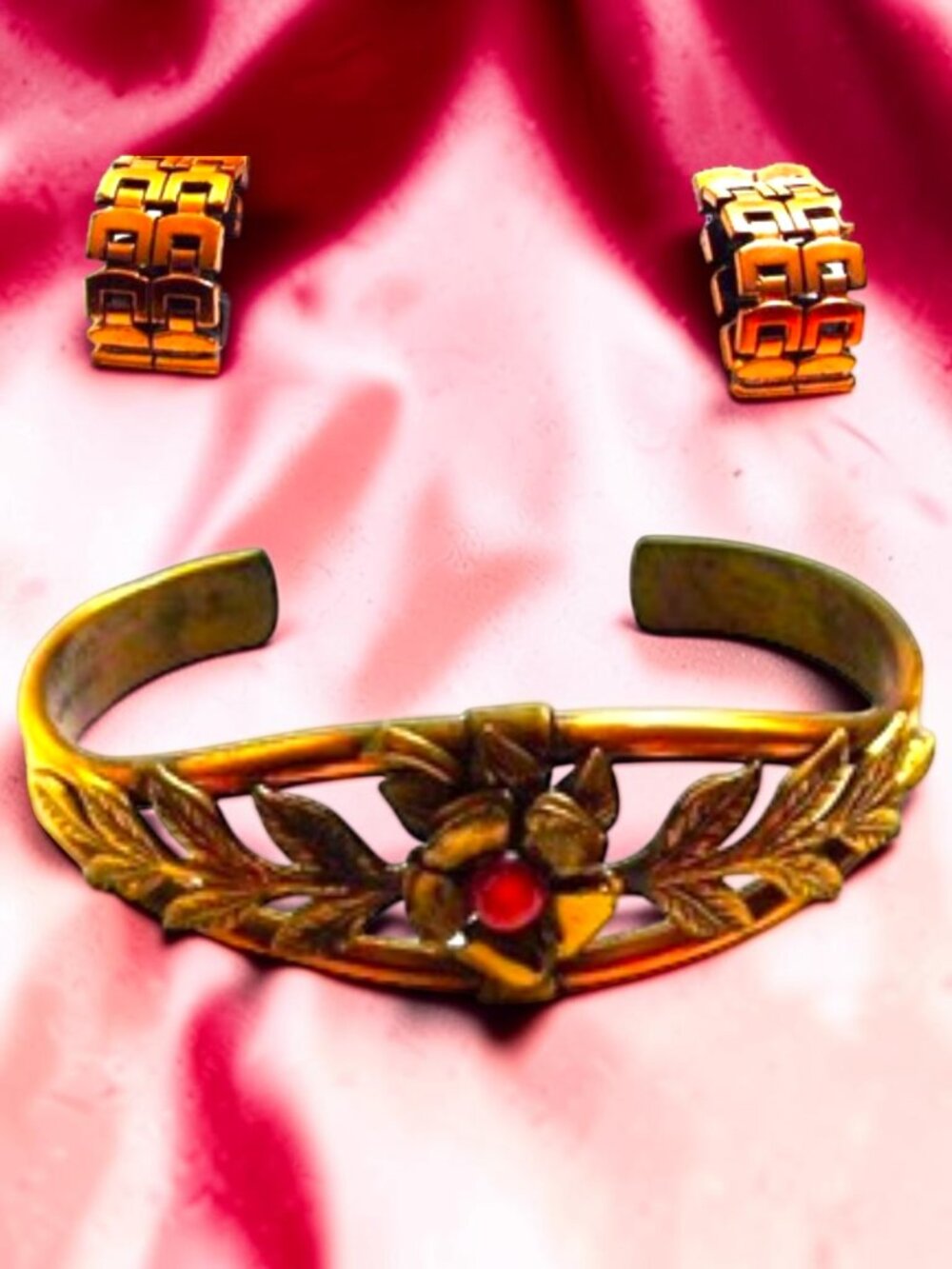 VINTAGE GENUINE COPPER BRACELET+RENOIR CLIP EARRINGS- SIGNED